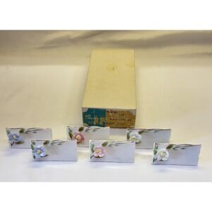 Set 6 VTG Porcelain Raised Floral Dinner Table Place Cards Stand Shafford w/ Box